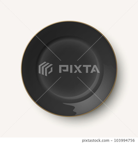 Vector 3d Realistic Black with Golden Border Empty Porcelain, Ceramic Plate Icon Closeup Isolated. Design Template for Mockup. Stock Vector Illustration. Front, Top View 103994756