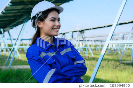 Engineer worker portrait with solar panel at solar farm 103994900