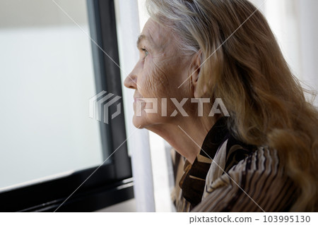 Smiling portrait of happy senior woman smiling and sitting on sofa at home 103995130