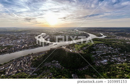 Wide Aerial Drone Shot of Ehrenbreitstein Fortress on the river rhine in Koblenz in evening, Rheinland-Pfalz, Germany 103995153