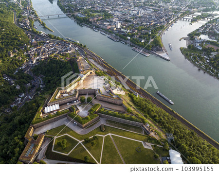 Aerial Drone Shot of Ehrenbreitstein Fortress on the river rhine in Koblenz in evening, Rheinland-Pfalz, Germany 103995155