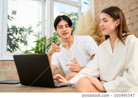 Couple of romantic young people at home, Vintage style photo 103995547