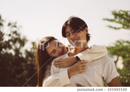 Couple of romantic young people at home, Vintage style photo 103995589