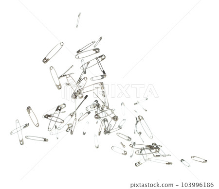 Safety Pin brooch pour fall down, explosion in air. Many safety pin small size splash fly in group floating. White background isolated high speed shutter freeze motion 103996186