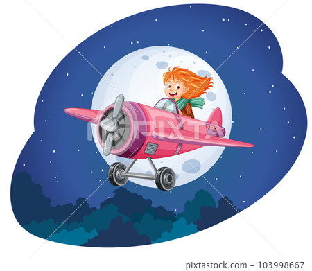 Happy Girl Riding a Plane at Night Happy Girl Riding a Plane at Night 103998667