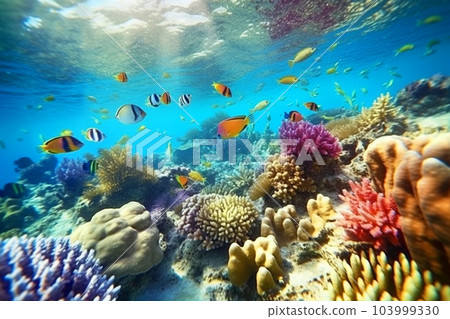 珊瑚礁海、熱帶魚、水下照片風格插圖 103999330