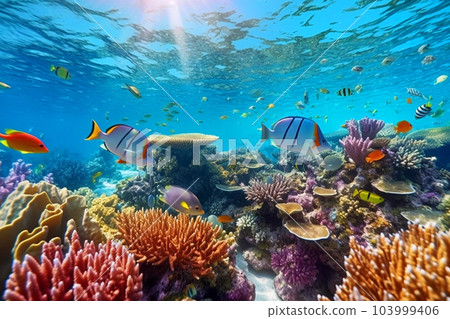 南海、珊瑚礁、熱帶魚、水下照片風格插圖 103999406