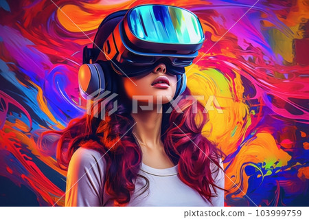Beautiful cyber woman face in virtual reality glasses isolated on neon background AI 103999759