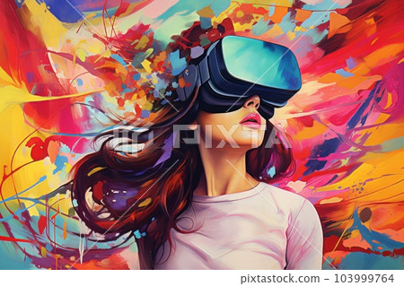 Beautiful cyber woman face in virtual reality glasses isolated on neon background AI Beautiful cyber woman face in virtual reality glasses isolated on neon background AI 103999764
