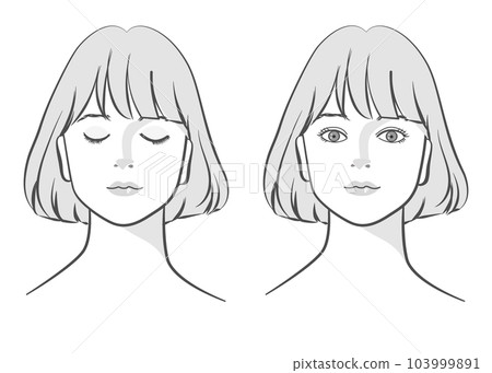 Faces of women with closed eyes and open eyes, front-up illustration set, bob cut, monochrome Faces of women with closed eyes and open eyes, front-up illustration set, bob cut, monochrome 103999891