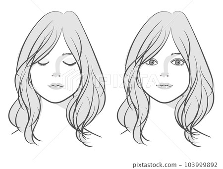 Faces of women with closed eyes and open eyes, front-up illustration set, long hair, monochrome, variations Faces of women with closed eyes and open eyes, front-up illustration set, long hair, monochrome, variations 103999892