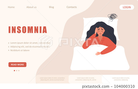 Insomnia landing page template. Tired woman suffer from headache. Sleepless female character lying in bed and thinking about menopause problems. Vector illustration in flat cartoon style 104000310