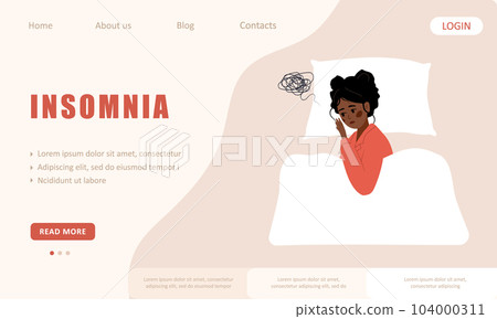 Insomnia landing page template. Tired african woman suffer from headache. Sleepless female character lying in bed and thinking about menopause problems. Vector illustration in flat cartoon style Insomnia landing page template. Tired african woman suffer from headache. Sleepless female character lying in bed and thinking about menopause problems. Vector illustration in flat cartoon style 104000311