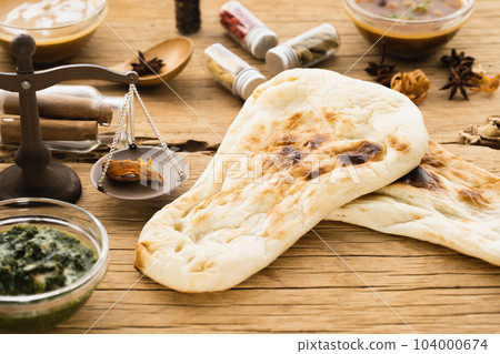 香料咖哩和馕餅放在小盤子裡（自然味道） 104000674