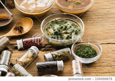 Curry served on a small plate with spices, set (natural taste) Curry served on a small plate with spices, set (natural taste) 104000678