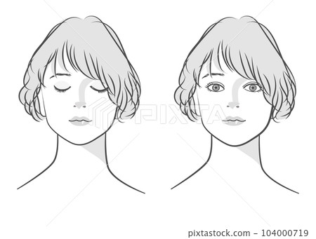 Faces of women with closed eyes and open eyes, front up illustration set, monochrome, diagonal bangs, curly hair Faces of women with closed eyes and open eyes, front up illustration set, monochrome, diagonal bangs, curly hair 104000719
