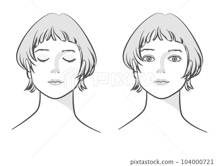 Faces of women with closed eyes and open eyes Front-up illustration set Monochrome Short bob 104000721