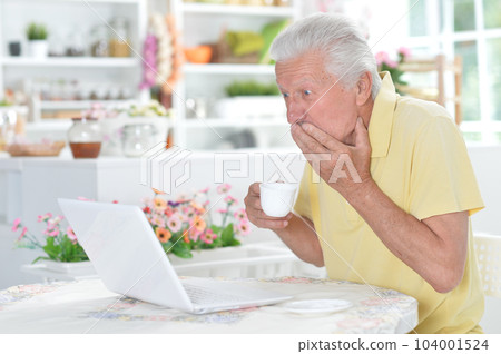 old man working with laptop at home 104001524
