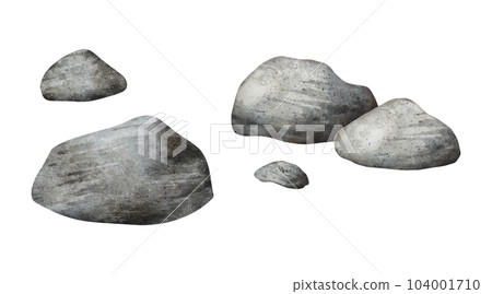Set of Sea Pebbles. Natural stones pile. Solid rocks nature landscape element. Beautiful detail of landscape, seascape, nature scene. Hand drawn watercolor illustration 104001710