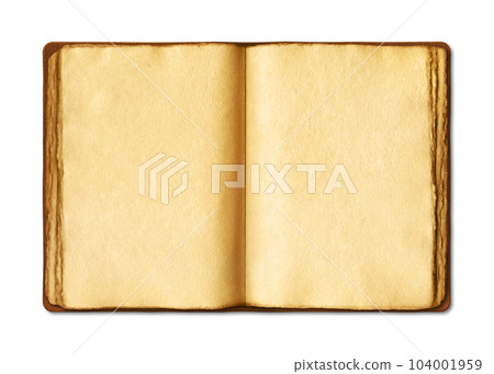 Old open medieval book with worn parchment pages. Isolated on white background 104001959