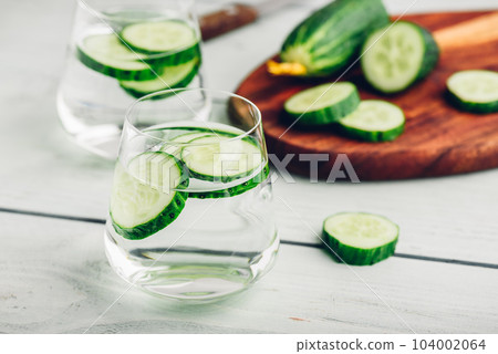 Water infused with sliced cucumber Water infused with sliced cucumber 104002064