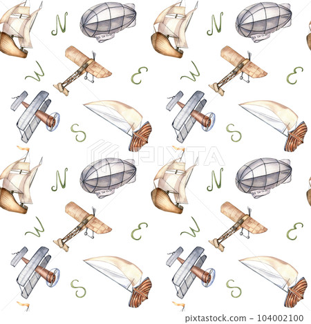 Sailing ship, air balloon, airplane watercolor seamless pattern isolated on white. Boat, aircraft, vessel, aerostat hand drawn. Print for boy, wrapping, textile, vintage style wallpaper, background Sailing ship, air balloon, airplane watercolor seamless pattern isolated on white. Boat, aircraft, vessel, aerostat hand drawn. Print for boy, wrapping, textile, vintage style wallpaper, background 104002100