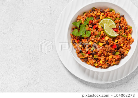 Mexican ground beef casserole with rice, beans 104002278