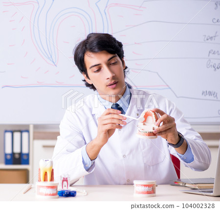 Young handsome dentist in front of the whiteboard Young handsome dentist in front of the whiteboard 104002328