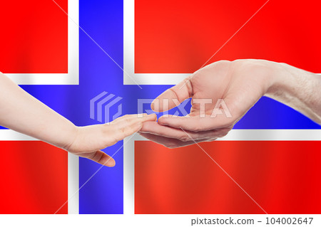 Norwegian baby and parent hands on the background of flag of Norway Help, aid, support Norwegian baby and parent hands on the background of flag of Norway Help, aid, support 104002647