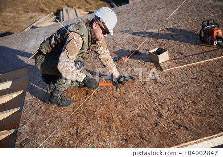 Carpenter hammering nail into OSB panel on the roof top of future cottage. Man worker building wooden frame house. Carpentry and construction concept. 104002847