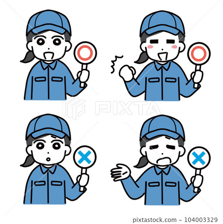 A set of women in work clothes making circle and cross signs A set of women in work clothes making circle and cross signs 104003329