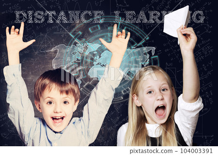 Pupils in school uniform, girl with open mouth - fun! Distance learhing, e-leanging Pupils in school uniform, girl with open mouth - fun! Distance learhing, e-leanging 104003391