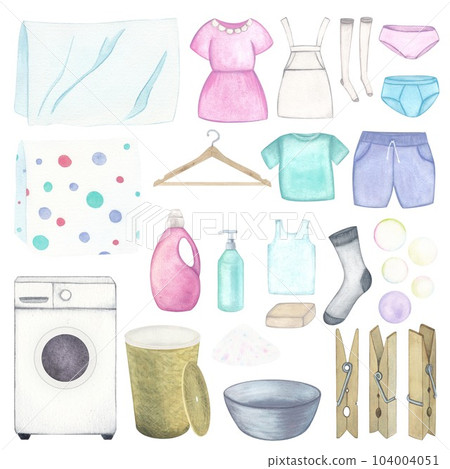 Laundry. Set of illustration of washing machine, basket, basin, washing gel, powder, soap, linen and clothes, hanger and clothespins. Watercolor on a white background. Hand drawn. For postcards 104004051