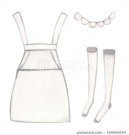 Laundry. Set of illustration of clothes, apron, stockings and collar. Watercolor on a white background. Hand-drawn. For postcards 104004054