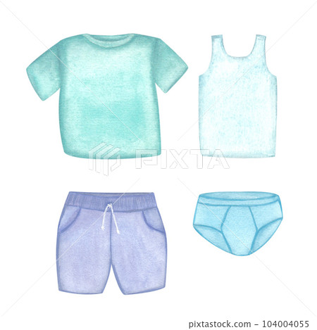 Laundry. Set of illustration of clothes, T-shirt, shorts, underpants, socks. Watercolor illustration on a white background Hand drawn. For postcards 104004055