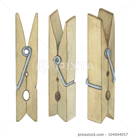 Laundry. Set of illustration of clothespins. Watercolor on a white background. Hand drawn. For postcards 104004057