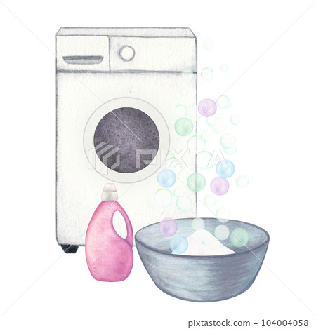 Laundry. Composition with washing machine, basin, washing gel, powder, soap, bubbles. Watercolor illustration on a white background. Hand-drawn. For postcards 104004058