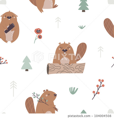 Forest seamless pattern with adorable funny beavers, trees, twigs, leaves. Forest seamless pattern with adorable funny beavers, trees, twigs, leaves. 104004508