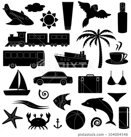 Travel and vacation silhouette icon set Travel and vacation silhouette icon set 104004546