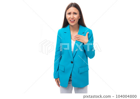 young indignant upset brunette secretary woman in a blue elegant jacket is worried on a white young indignant upset brunette secretary woman in a blue elegant jacket is worried on a white 104004800