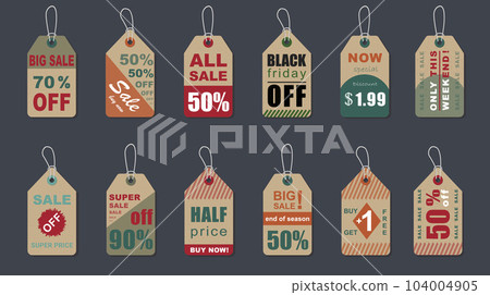 Big sale vintage badges set. Half price, buy now isolated hang tags. Seasonal shopping, commerce advertising, colorful discount cardboard tags. Black friday badges vector design for marketplace. 104004905