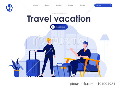 Travel and vacation flat landing page design. Young couple packing suitcases and preparing for trip scene with header. Travel planning and organization. Travelers getting ready for vacation situation. 104004924