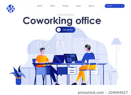 Coworking office flat landing page design. Young people working with computers in coworking openspace area scene with header. Business community, coworkers in contemporary workspace work situation. 104004927