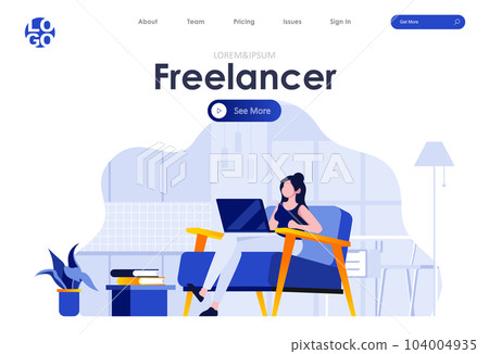 Freelancer flat landing page design. Young woman working with laptop in comfortable conditions at home scene with header. Remote work and self-employed occupation. Freelance and education situation. 104004935