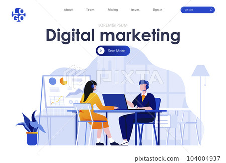 Digital marketing flat landing page design. Telemarketing operators with headsets in office scene with header. Marketing research, business analytics and social targeting. Work process situation. Digital marketing flat landing page design. Telemarketing operators with headsets in office scene with header. Marketing research, business analytics and social targeting. Work process situation. 104004937