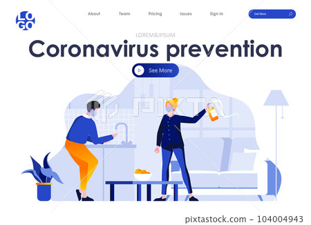 Coronavirus prevention flat landing page design. Man washing hands, woman in medical mask with disinfectant scene with header. Coronavirus protection, hygiene and safety, home quarantine situation. 104004943