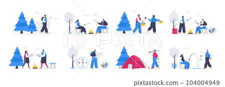 Bundle of summer camping scenes. Mushroom hunting, traveling with camping tent, play guitar near bonfire and fishing flat vector illustration. Bundle of summer camp with people characters in situation Bundle of summer camping scenes. Mushroom hunting, traveling with camping tent, play guitar near bonfire and fishing flat vector illustration. Bundle of summer camp with people characters in situation 104004949