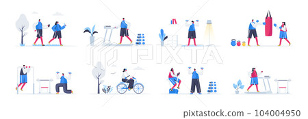 Bundle of fitness training scenes. People jogging, bicycle riding, lifting dumbbells and training with punching bag flat vector illustration. Bundle of workout with people characters in situations. Bundle of fitness training scenes. People jogging, bicycle riding, lifting dumbbells and training with punching bag flat vector illustration. Bundle of workout with people characters in situations. 104004950