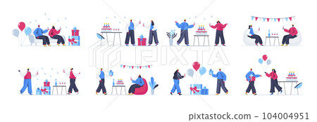 Bundle of birthday party scenes. Cheerful friends celebrating and congratulating, gift presenting and having fun flat vector illustration. Bundle of birthday event with people characters in situations Bundle of birthday party scenes. Cheerful friends celebrating and congratulating, gift presenting and having fun flat vector illustration. Bundle of birthday event with people characters in situations 104004951