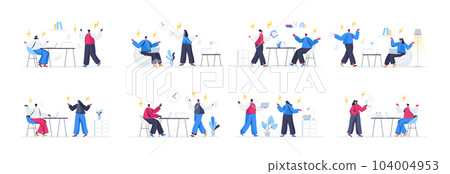 Bundle of people confrontation scenes. Conflict and disagreement at work, people shouting each over, couple arguing and yelling flat vector illustration. Bundle of with people characters in situations 104004953